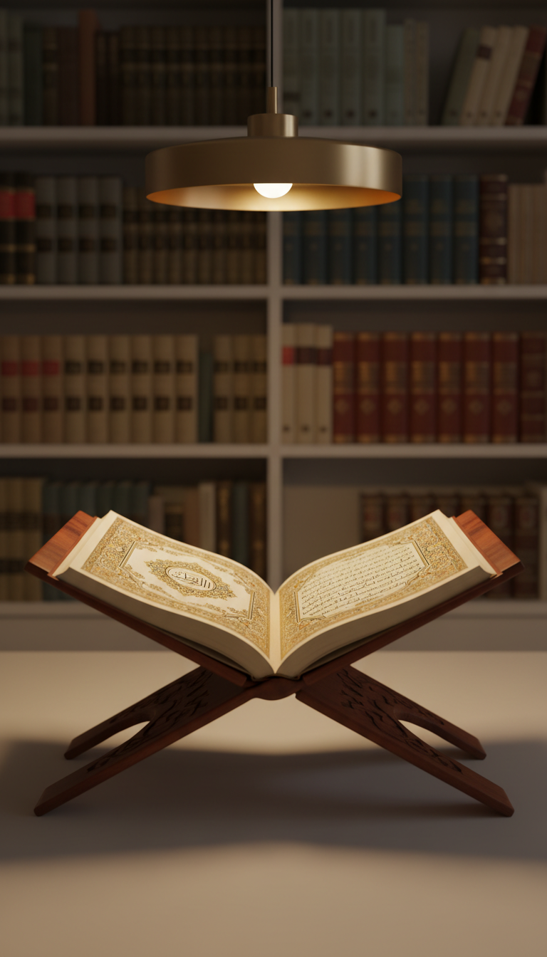 A meticulously illustrated Quran resting open on a polished dark wooden lectern, its gilded Arabic script gleaming subtly on creamy parchment pages. The book is positioned in the center of a minimalist, softly lit study with shelves of other classic Islamic texts blurred in the background. Gentle, indirect lighting from an overhead lamp bathes the scene in a warm, contemplative glow, casting delicate shadows that emphasize the richness of the materials. The overall mood is solemn, scholarly, and reflective—inviting contemplation about the interpretations of scripture. The composition is eye-level and uses a centered, balanced frame, with a focus on the lush textures and gold details. The artistic style is clean, modern, and minimalist, matching the ethos of logical analysis and clarity.